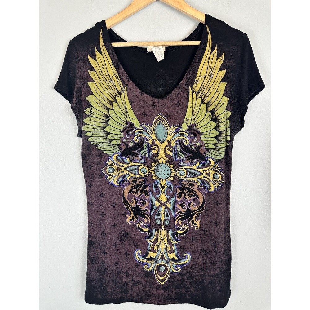 XZavier Y2K Short Sleeve V-Neck Studded Graphic T-Shirt Size XL Made in USA Goth